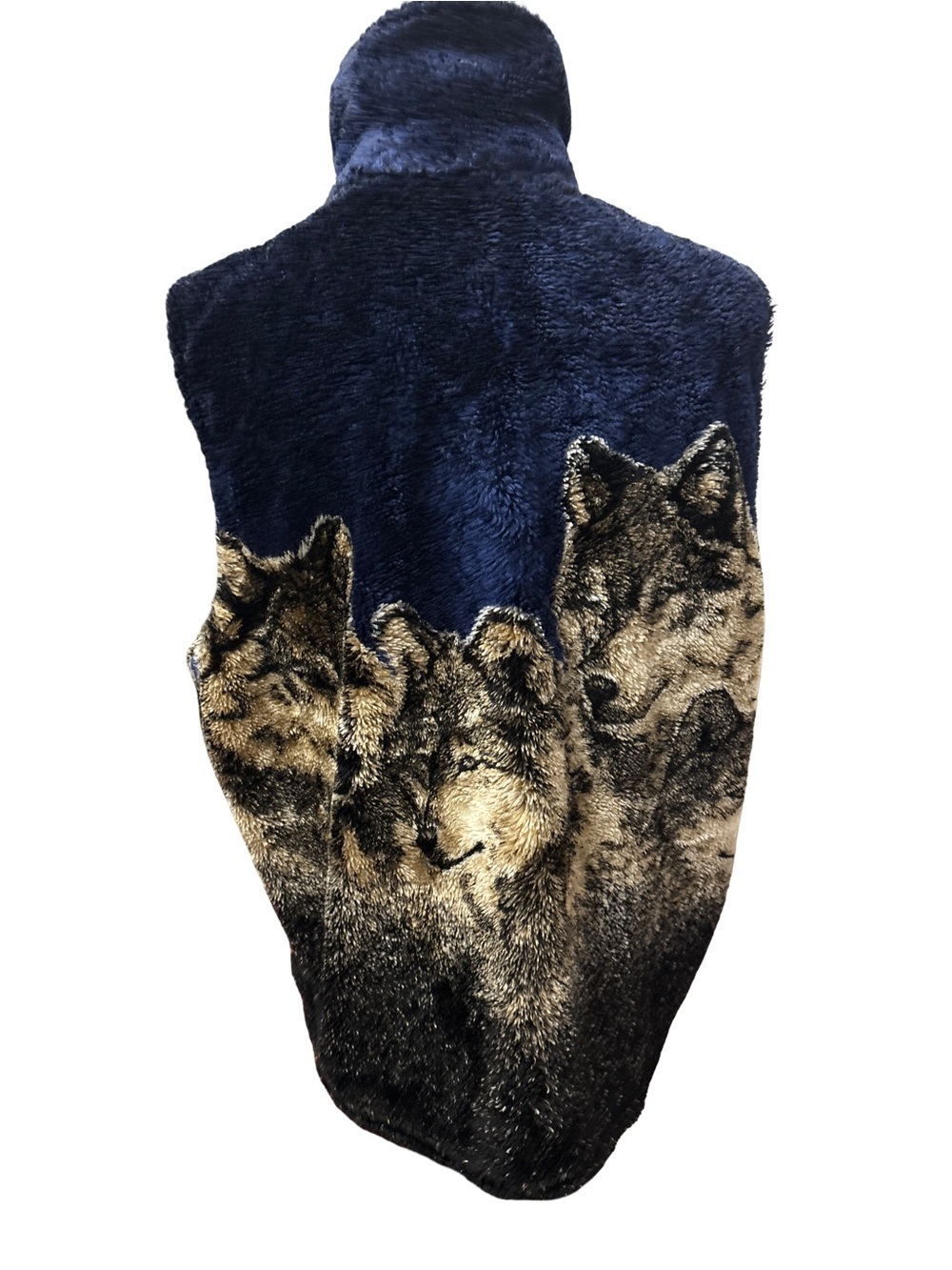 Vintage Mazmania Navy Faux Fur Zip Front Vest with Wolf - size M - Picture 2 of 3